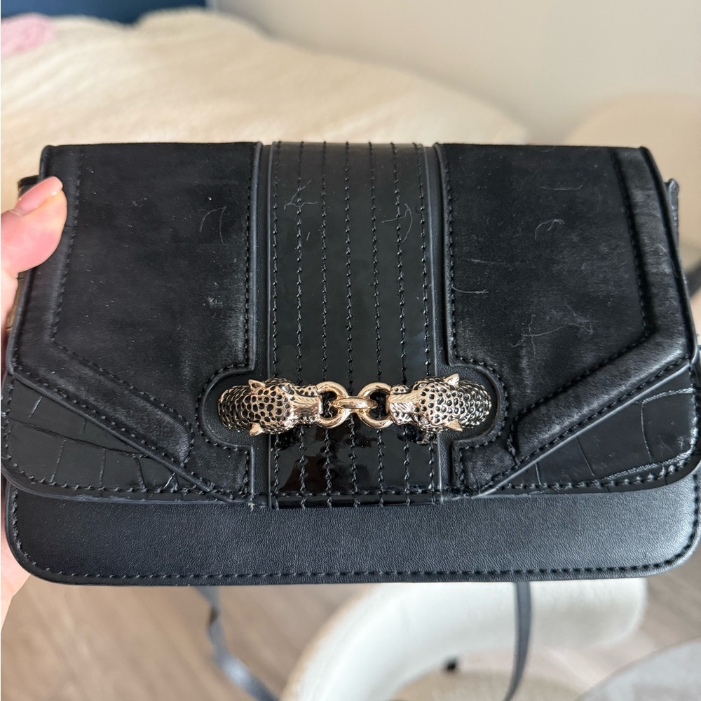 Topshop Black Cheetah Crossbody Bag with Gold Accents.